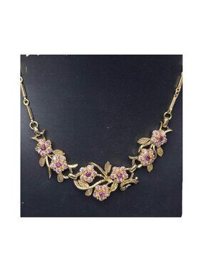 Vtg Signed Coro Pink Purple Floral Rhinestone Forget Me Not Necklace Gold Leaf